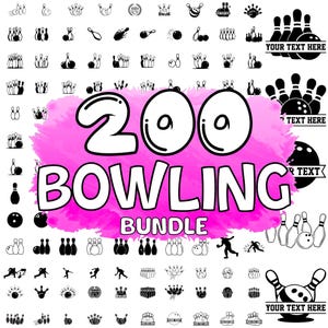 May include: A collection of bowling-themed graphics in black and white. The image features various bowling pins, balls, and player silhouettes. The text "200 BOWLING BUNDLE" is displayed on a pink background, with additional text areas for customization.