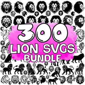 Könnte beinhalten: Ein rosa Aquarellhintergrund mit dem Text "300 LION SVGs BUNDLE" in Schwarz. Der Hintergrund ist von schwarzen und weißen Löwen-Silhouetten umgeben.