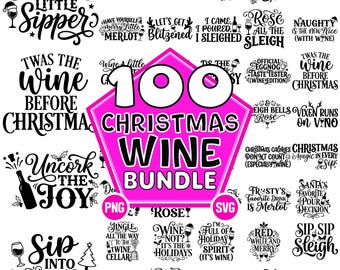 Paquete de 100 archivos SVG y PNG de vino navideño, frases divertidas sobre vino navideño, dichos navideños, archivos de corte de bebidas navideñas para Cricut y Silhouette.