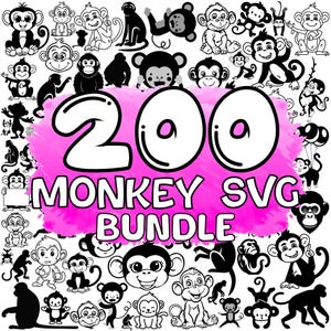 May include: A pink and white graphic with the text "200 Monkey SVG Bundle" surrounded by black and white monkey illustrations.