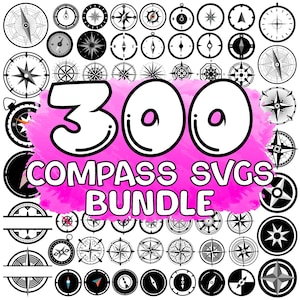 Puede incluir: Una colección de 300 diseños SVG de brújulas en blanco y negro. La imagen presenta varios estilos de brújulas, incluidos diseños detallados y minimalistas, con el texto "300 COMPASS SVGS BUNDLE" en un salpicadura rosa.