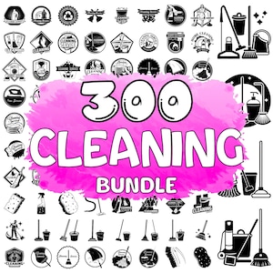 Pode incluir: Uma coleção de 300 gráficos e logotipos com tema de limpeza em preto e branco. A imagem apresenta várias ferramentas de limpeza, ícones e o texto "300 CLEANING BUNDLE" em um fundo rosa aquarela. Inclui logotipos de serviços de limpeza.