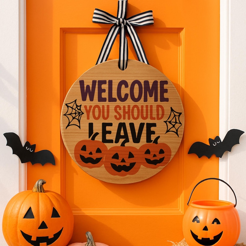 Halloween Door Hanger SVG Bundle: Spooky Welcome Sign, Laser Cut Files ...