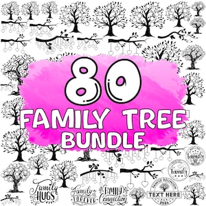 May include: A pink watercolor background with the text "80 Family Tree Bundle" in black. The image features a variety of black and white family tree designs, including branches with hearts, trees with leaves, and trees with frames for photos. The text "Family Hugs", "Family is Forever", "Family Connection", "Family Reunion", and "Text Here" are also included in the design.