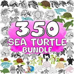 May include: A pink and white graphic with the text "350 Sea Turtle Bundle" surrounded by a variety of black and white sea turtle illustrations.