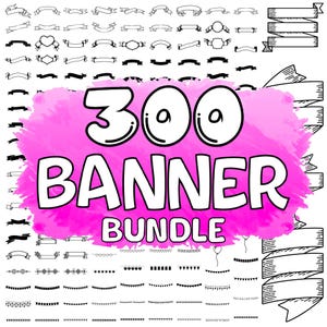 Può includere: Una collezione di 300 design di banner in bianco e nero, tra cui nastri, etichette ed elementi decorativi. Il testo "300 BANNER BUNDLE" è visualizzato su uno sfondo rosa acquerello. Vari stili di banner sono disposti attorno al testo centrale.