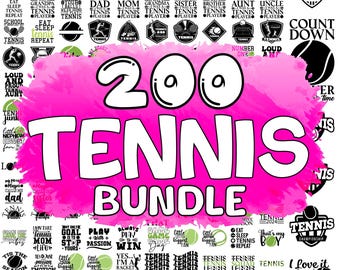 Könnte beinhalten: Ein pink-weißes Grafikdesign mit dem Text "200 Tennis Bundle". Das Design zeigt verschiedene tennisbezogene Illustrationen und Texte, darunter "Tennis is my favorite season", "Loud and Proud", "Game Day" und "I love it when we play tennis together".
