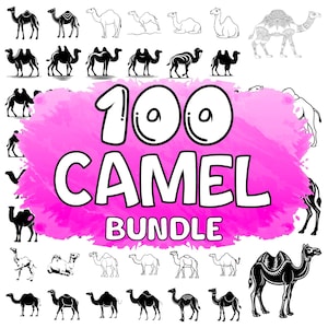 May include: A digital illustration of 100 camel silhouettes in various poses. The camels are black and white and are arranged in a grid pattern. The text "100 CAMEL BUNDLE" is written in white on a pink watercolor background.