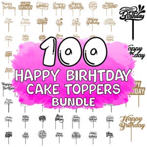 Puede incluir: Un conjunto de 100 adornos para tartas de Feliz Cumpleaños en oro y negro. La imagen presenta un fondo de acuarela rosa con el texto "HAPPY BIRTHDAY CAKE TOPPERS BUNDLE".