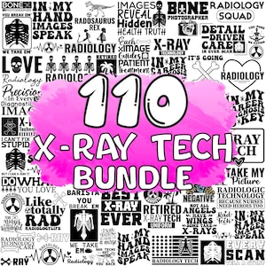 以下が含まれることがあります： ピンクの背景に白い文字で「110 X-RAY TECH BUNDLE」と書かれています。背景には、骨格、心臓、テキストなど、X線に関連するさまざまな白黒の画像が埋め込まれています。