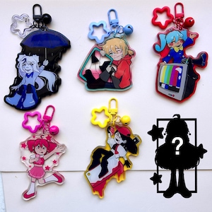 May include: Six acrylic keychains featuring anime-style characters. One shows a figure with an umbrella, another a person with a television, one with a pink outfit, one with a red hoodie, one with a meat cleaver, and one black silhouette with a question mark.