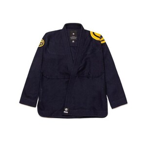 May include: A navy blue martial arts gi with yellow accents. The gi has a traditional design with a collar and long sleeves. The gi is made of a lightweight fabric and is perfect for training.