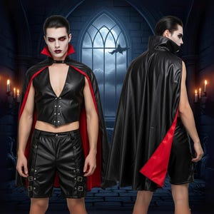 Genuine Leather Dracula Cosplay Set, Mens Dark Fantasy Halloween Costume, Handmade Black Leather Vest with Shorts, Gothic Vampire Cape
