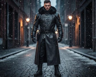 Genuine Leather Trench Coat: Black Fur Trim, Gothic Steampunk Style