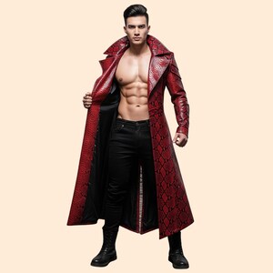 May include: A long, red coat with a snakeskin pattern. The coat has a wide collar and is open, revealing a black interior. The coat is worn with black pants and boots. The coat's length is approximately 55 inches.