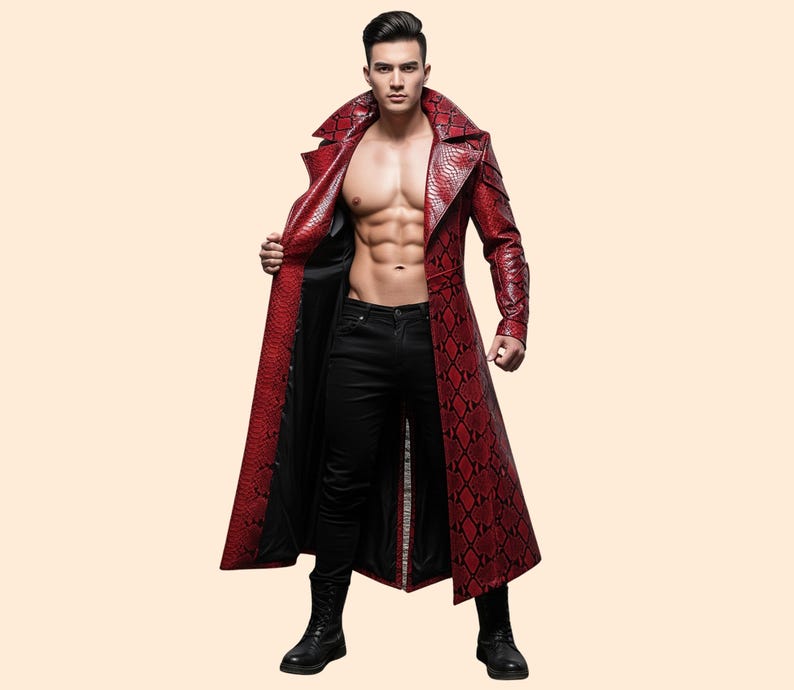 May include: A long, red coat with a snakeskin pattern. The coat has a wide collar and is open, revealing a black interior. The coat is worn with black pants and boots. The coat's length is approximately 55 inches.