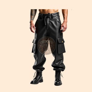 Pantalon cargo en cuir noir pour homme, pantalon utilitaire en cuir véritable pour homme, pantalon cyberpunk en cuir noir souple, pantalon style urbain en cuir premium