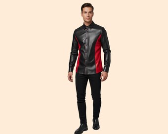 Two-Tone Black & Red Leather Shirt: Gothic Punk Fashion