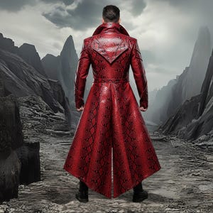 May include: A long, red coat with a snakeskin pattern. The coat features a wide collar and a belted waist. The person is standing with their back to the camera, in a rocky, mountainous landscape.