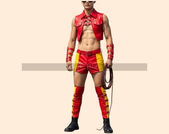 Conjunto de top corto y pantalones cortos de cuero rojo: Atuendo para el festival Pride
