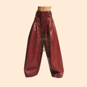 Genuine Leather High Waisted Gothic Pants, Stylish Party Wear Baggy Leather Pants, High Rise Mens Red Leather Pants