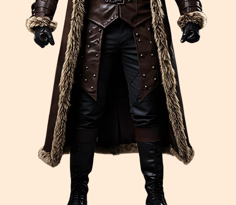 Puede incluir: Un abrigo de cuero marr&oacute;n con ribete de piel y detalles con tachuelas. El abrigo tiene una cintura con cintur&oacute;n, guantes negros y pantalones negros. El atuendo es un disfraz o un art&iacute;culo de cosplay.