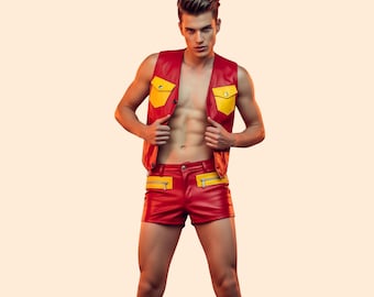 Red Leather Mens Carnival Outfit: Genuine Leather Bar Vest With Shorts