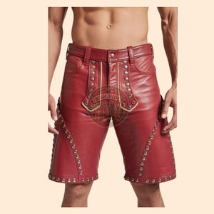 100% Genuine leather Warrior Style Shorts Men, Soft Red Leather Studded Cosplay Shorts, Punk Leather Gothic Shorts, Party Wear Shorts