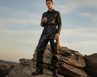 Handmade Black Leather Shirt & Pants Set - Custom Fit Biker Outfit