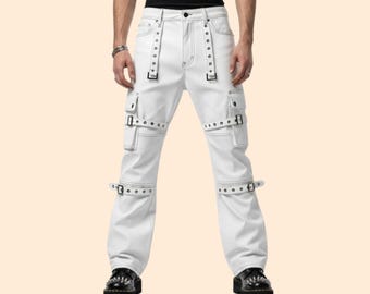Handmade White Leather Cargo Pants: Mens Goth Rave Biker Pants