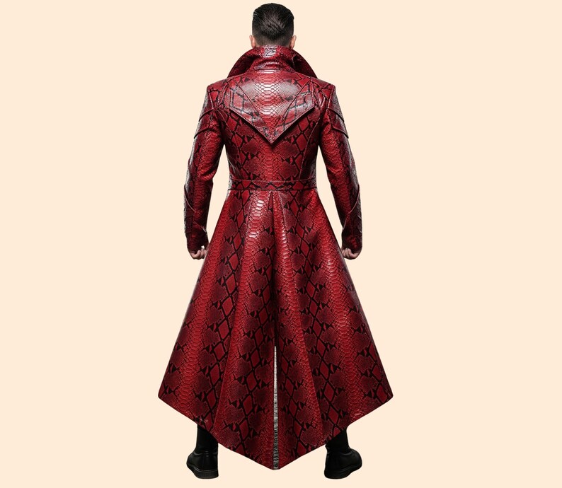 May include: A long, red coat with a snakeskin pattern. The coat features a wide collar, a belt at the waist, and a flared skirt. The coat is made of a leather-like material and has a dramatic, eye-catching design.