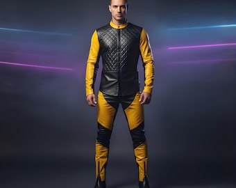 May include: A two-piece outfit featuring a black quilted leather jacket with yellow sleeves and matching yellow and black pants. The jacket has a stand-up collar and the pants have zippers at the ankles. The outfit is worn by a person.