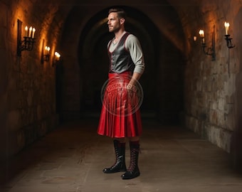 Traje de cuero gótico hecho a mano: chaleco negro y falda escocesa roja para cosplay.