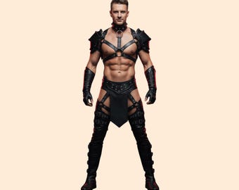 Cosplay de gladiador de cuero genuino hecho a mano: disfraz de fantasía de cuero fetiche
