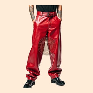 Stylish Party Wear Baggy Red Leather Pants, Genuine Leather Loose Motorcycle Pants, High Rise Gothic Pants, Gift For Men