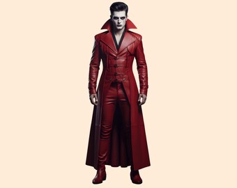 Genuine Leather Gothic Vampire Coat: Handmade Red Leather Medieval Coat