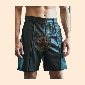 Mens Zipper Closure Leather Shorts, Genuine Leather Rear Zipper Formal Shorts, Black Leather Loose Short Shorts for Men