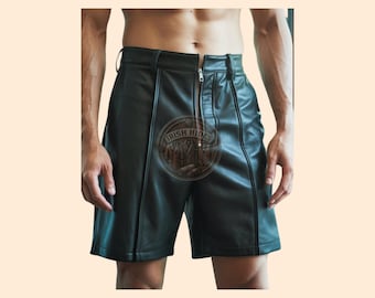 Mens Zipper Closure Leather Shorts, Genuine Leather Rear Zipper Formal Shorts, Black Leather Loose Short Shorts for Men