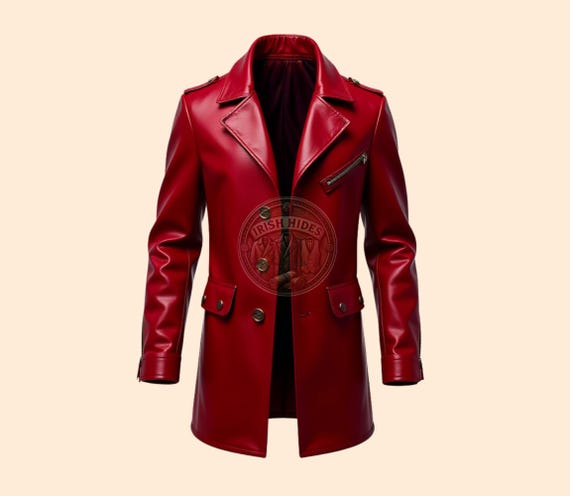 Mens Red Leather Trench Coat: Handmade Irish Hide Winter Coat - Etsy