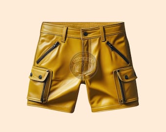 Genuine Leather Booty Shorts, Custom Soft Leather Party Wear Leather Shorts Men, Yellow Leather Gay Man Short Shorts
