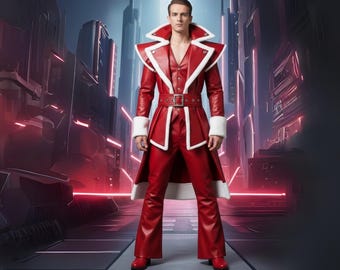 Disfraz de cosplay de cuero rojo auténtico: abrigo, chaleco y pantalones con ribete de piel de oveja.