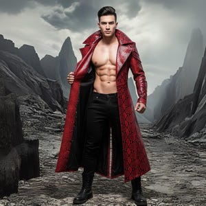 May include: A red, long leather coat with a snakeskin pattern. The coat is open, revealing a black lining. The person is wearing black pants and boots. The background features a rocky landscape.