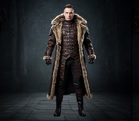 Viking Brown Leather Hooded Coat: Gothic Mens Fashion Synthetic Fur Coat