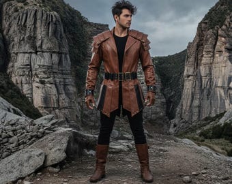 Handmade Brown Leather Warrior Coat: Mens Medieval Fashion