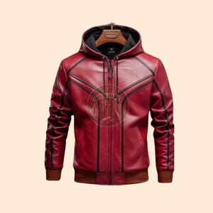 Blouson en cuir rouge véritable avec des touches noires élégantes, Blouson de moto en cuir souple SlimFit, Blouson en cuir à capuche pour homme