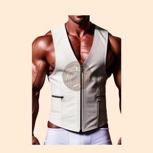 Zipper Closure Mens White Leather Vest, Genuine Leather Stylish Biker Vest, Party Wear Mens Waistcoat, Mens Vest