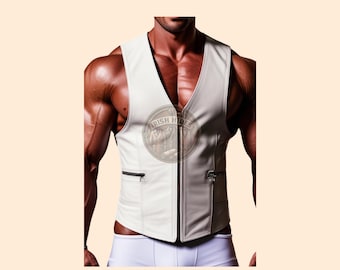 White Leather Vest Mens: Genuine Leather Biker Waistcoat