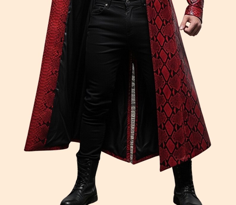 May include: A long, red and black snakeskin-patterned coat with a black interior. The coat is paired with black pants and black boots. The coat's design is a striking visual element.
