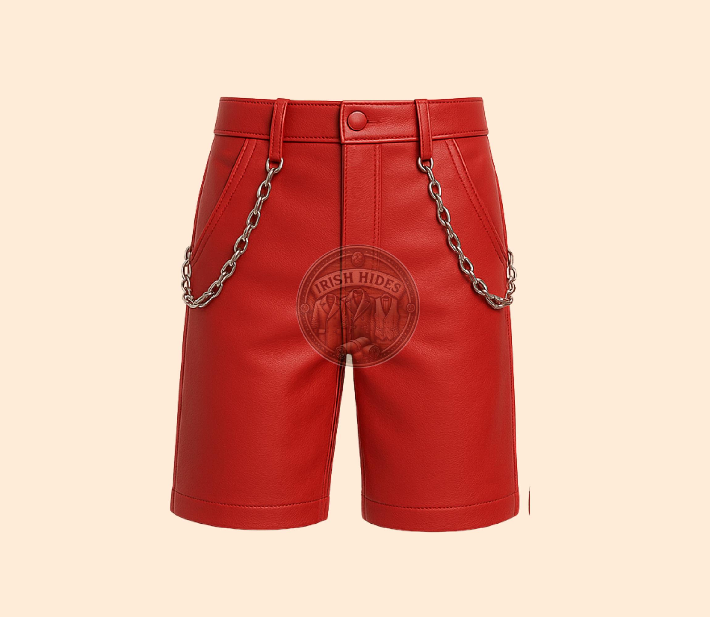 Handmade Genuine Leather High Fashion Chain Shorts, Soft Red Leather Kpop Inspired Shorts, Punk Real Leather Shorts