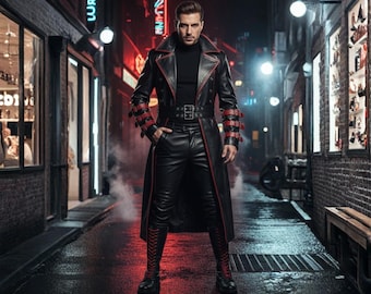 Black Leather Dark Fashion Outfit: Handmade Biker Leather Coat & Slim Fit Pants